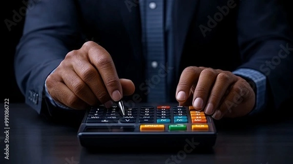 Fototapeta Calculating Success: A close-up shot of a businessman's hands meticulously working a calculator, showcasing the precision and focus required for financial success.
