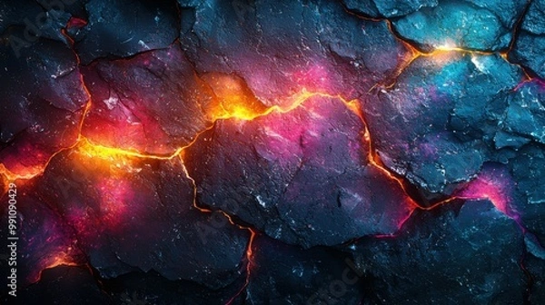 Fototapeta A vibrant depiction of lava cracking through dark rocky terrain, illuminated with shades of fiery orange and pink against a starry backdrop.