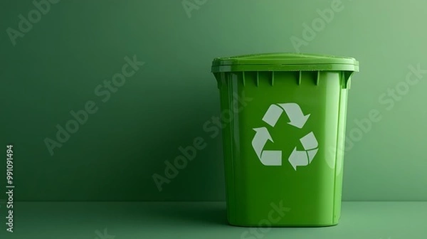 Fototapeta Green recycling bin symbolizes eco-friendly waste management with a recycle symbol on a light green background, emphasizing sustainability and minimalist design for urban living.