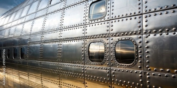 Fototapeta Metal airplane hull plating with rows of rivets, aviation, aircraft, technology, industry, transportation