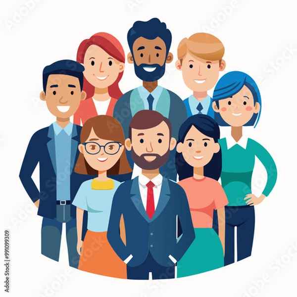 Fototapeta Diversity in the office, team members posing for a group photo, editable vector SVG