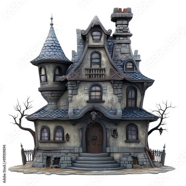 Fototapeta A whimsical, haunted house with unique architecture and spooky charm, perfect for Halloween or fantasy-themed projects., isolated on a transparent background.