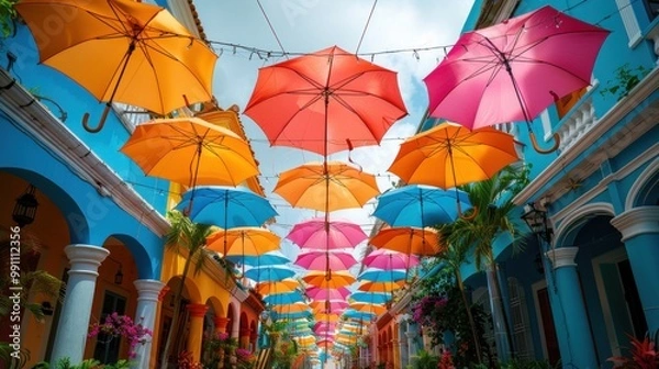 Fototapeta Colorful umbrellas suspended over a vibrant street in Cartagena, creating a lively and artistic atmosphere. Generative AI