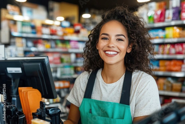 Fototapeta Gas station cashier assisting customers with purchases, managing the fuel payment system, and organizing products in the convenience store