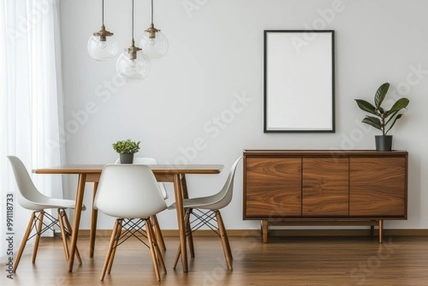 Fototapeta Design template for a modern Scandinavian living room in a modern apartment with wooden commode, design table, chairs, carpet, abstract paintings on the walls, and personal accessories.