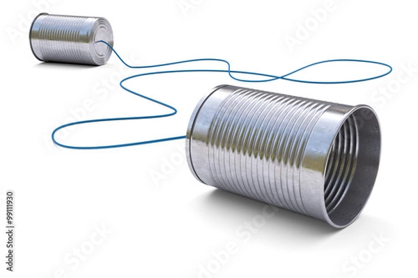 Fototapeta Tin cans telephone isolated on white background 3d