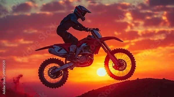 Fototapeta A motocross rider performs a jump at sunset, creating a dramatic silhouette against the dirt track.