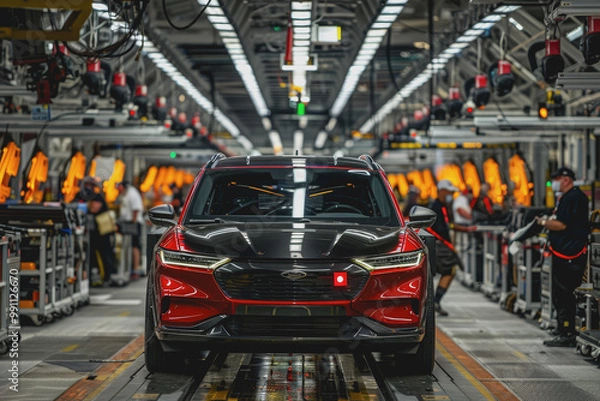 Fototapeta Mass production assembly line of modern cars in a busy factory.