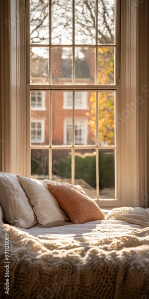 Fototapeta Cozy window nook with soft pillows and warm sunlight illuminating autumn leaves in a quiet neighborhood