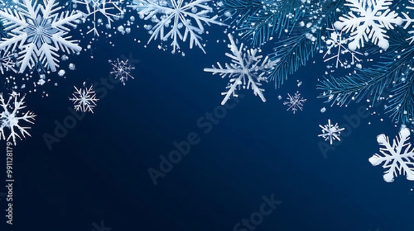 Fototapeta Minimalistic Christmas background with a gradient of icy blues and white snowflakes