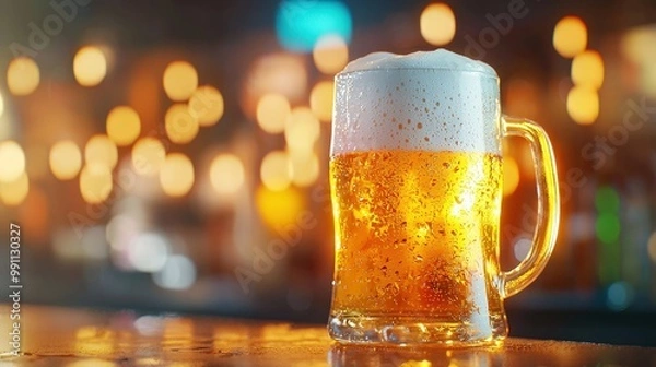 Fototapeta Refreshing Beer in a Frosted Glass on a Bar Counter