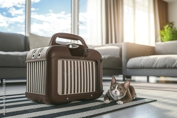 Obraz Stylish pet carrier on a modern living room floor with a variety of pet accessories nearby