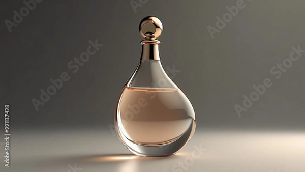 Obraz Elegant perfume bottle with a modern teardrop shape and metallic accents. The sleek design features a transparent glass body filled with a light amber liquid, topped with a reflective gold-tone