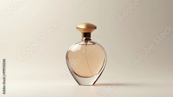 Obraz An elegant perfume bottle with a reflective gold cap and details, set against a neutral background. The bottle’s simple yet sophisticated design suggests luxury and visual appeal.
