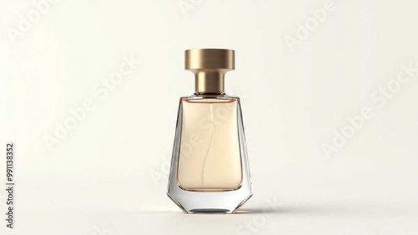 Obraz a clear glass perfume bottle with a golden cap, filled with light amber liquid, centered on a plain background. The elegant design and lighting highlight the bottle’s luxurious appearance.
