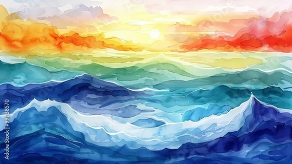 Fototapeta Surfing scene, multicolored waves, dynamic ocean, Watercolor style