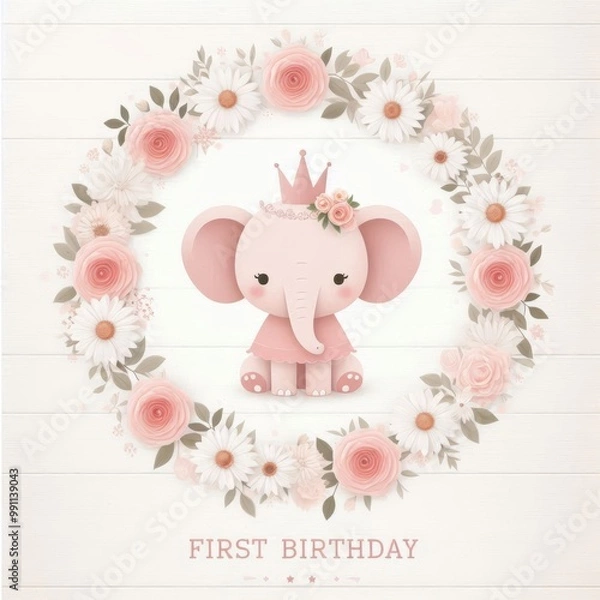Obraz Adorable pink elephant with a crown celebrates a first birthday surrounded by floral decor.