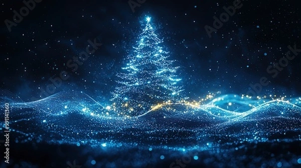 Obraz Abstract Christmas tree with sparkling lights and particles on a blue background.