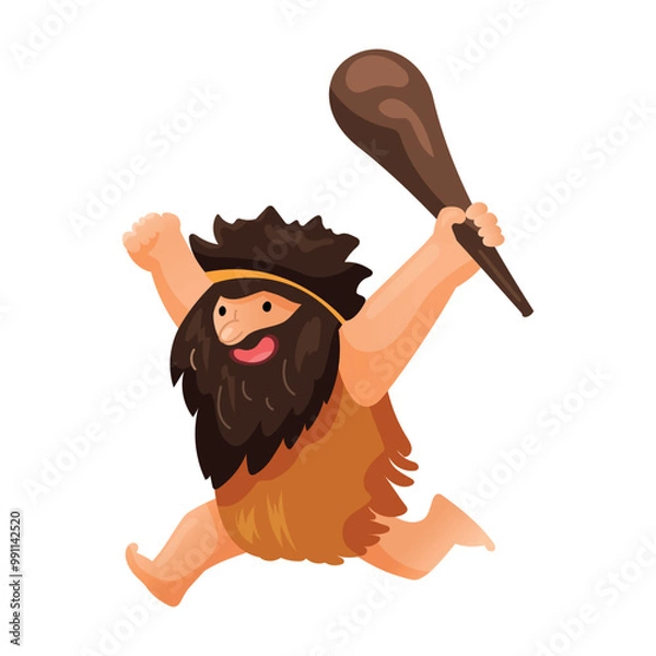 Fototapeta caveman running after someone with a club. A Neanderthal in skins and long hair runs screaming after an animal
