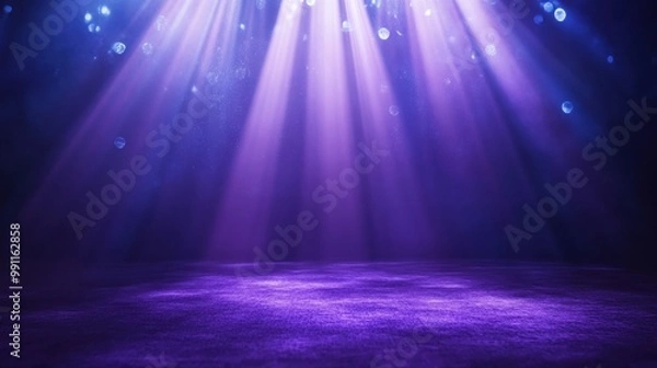 Fototapeta A stage illuminated by purple beams of light, creating a dramatic atmosphere.