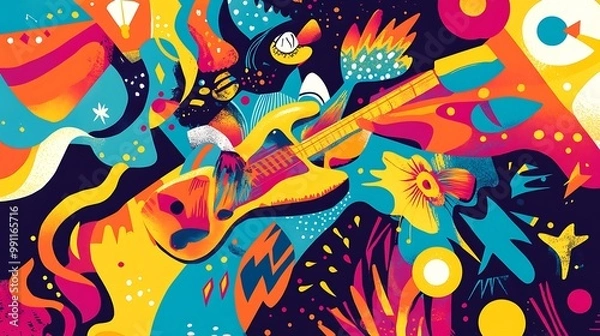 Fototapeta A vibrant, abstract artwork featuring a guitar surrounded by colorful shapes, creating a dynamic and energetic musical theme.