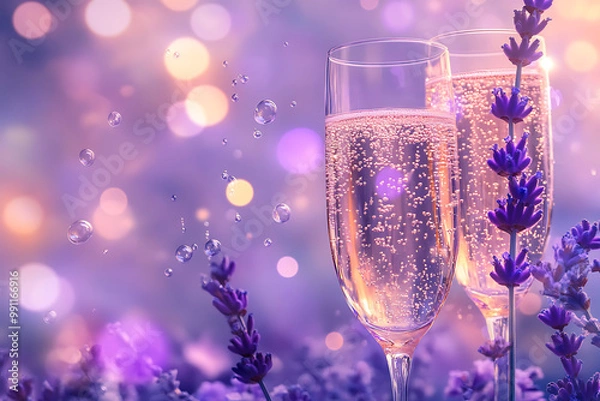 Fototapeta Celebratory New Year's background with champagne glasses clinking and golden bubbles floating up
