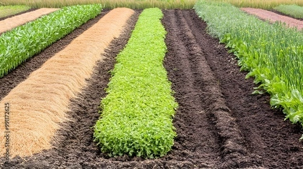 Fototapeta Rows of vibrant crops growing in fertile soil under sunlight.