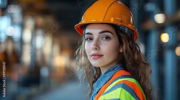 Fototapeta female professional wearing a hard hat and safety vest, prioritizing worker safety and protection on a busy construction site, essential for a safe working environment