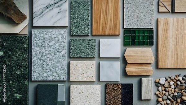 Fototapeta Flat lay of various types of tiles and stones.