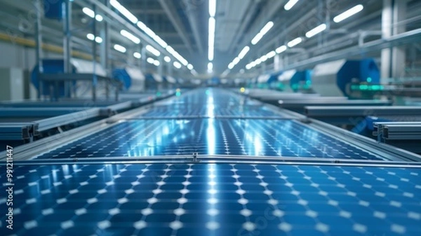 Fototapeta Illuminated Spacious Warehouse Interior with Conveyor Belts and Shelving