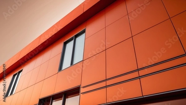 Fototapeta The image displays a modern building facade with vibrant orange panels and rectangular windows set against a clear sky