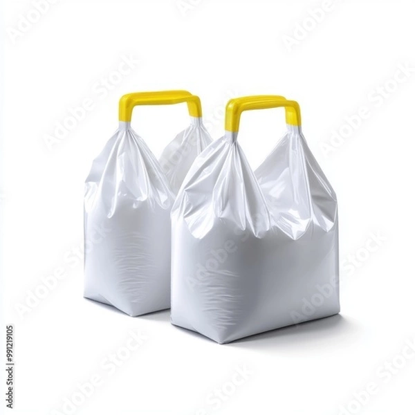 Fototapeta White Polyethylene Bags with Yellow Handles on Background