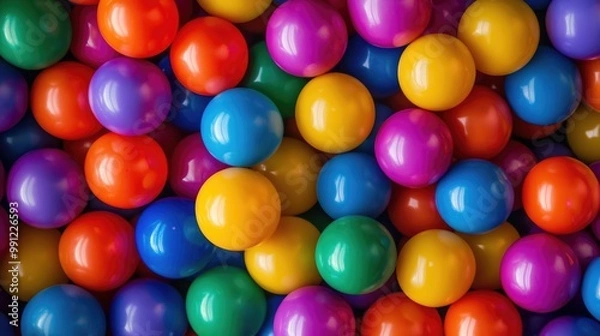 Fototapeta Vibrant colorful plastic balls in a dry pool viewed from above creating a playful and engaging background