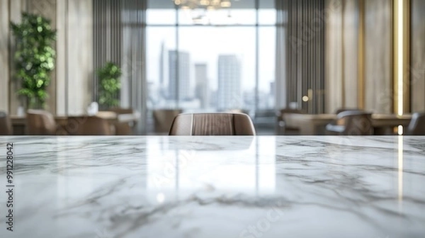 Fototapeta Elegant table featuring a stunning marble design in a luxurious office setting complete with ample empty space for text against a blurred backdrop