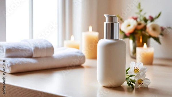 Fototapeta A calm spa scene featuring a towel, cosmetic cream, and beauty products for skincare, with a focus on wellness and relaxation, including elements like bottles, soap, and flowers in a clean setting