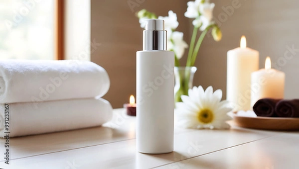 Fototapeta A calm spa scene featuring a towel, cosmetic cream, and beauty products for skincare, with a focus on wellness and relaxation, including elements like bottles, soap, and flowers in a clean setting