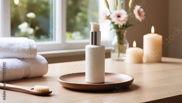 Fototapeta A calm spa scene featuring a towel, cosmetic cream, and beauty products for skincare, with a focus on wellness and relaxation, including elements like bottles, soap, and flowers in a clean setting
