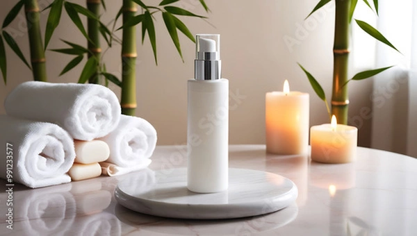 Fototapeta A calm spa scene featuring a towel, cosmetic cream, and beauty products for skincare, with a focus on wellness and relaxation, including elements like bottles, soap, and flowers in a clean setting