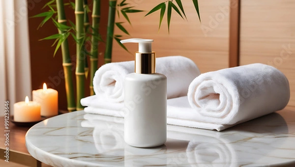 Fototapeta A calm spa scene featuring a towel, cosmetic cream, and beauty products for skincare, with a focus on wellness and relaxation, including elements like bottles, soap, and flowers in a clean setting