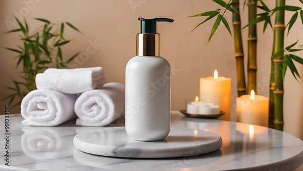 Fototapeta A calm spa scene featuring a towel, cosmetic cream, and beauty products for skincare, with a focus on wellness and relaxation, including elements like bottles, soap, and flowers in a clean setting