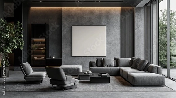 Fototapeta Modern living room with minimalist design and large windows.