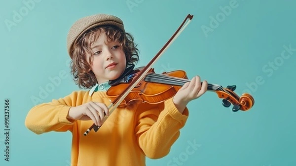 Fototapeta Young musician playing a violin with enthusiasm against a light blue background in a cozy indoor setting