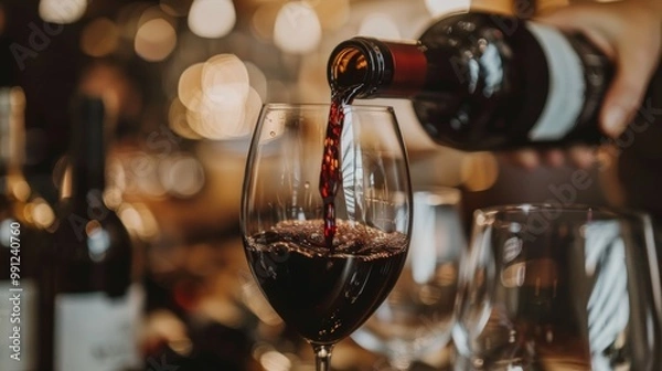 Fototapeta Pouring premium red wine into a wine glass in a cozy restaurant atmosphere