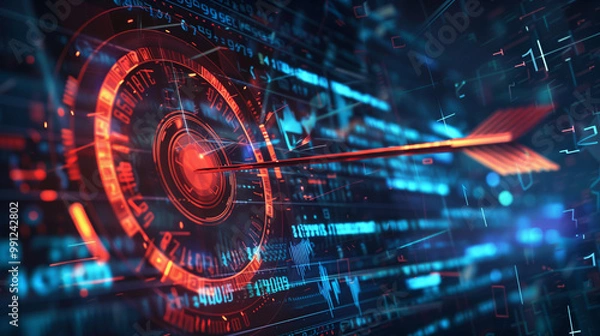 Fototapeta Abstract glowing data neon red target with arrow hit the center on blue laptop with business data analysis. and bokeh background. SEO optimization target audience and business strategy concept.