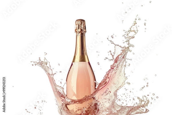 Fototapeta A bottle of pink champagne with sparkling wine waves splashes isolated on transparent background.