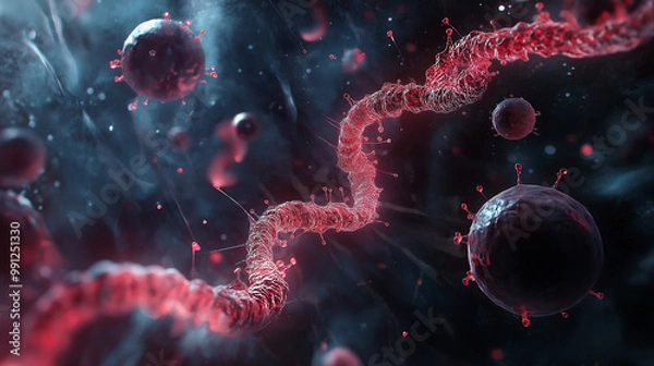 Fototapeta Microscopic view of a virus attacking the human body immune system