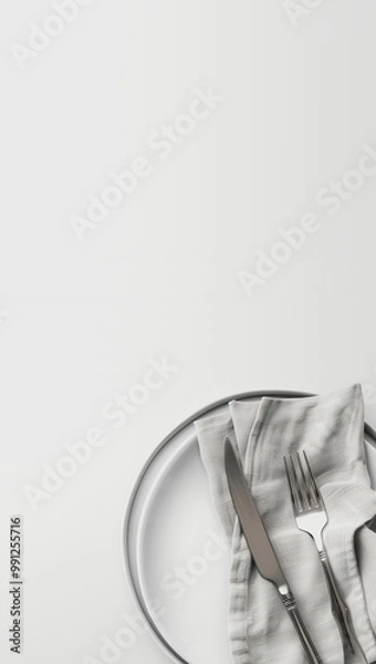 Fototapeta A vintage white plate set on a linen napkin with cutlery and a tablecloth, captured from above. This elegant dining scene is perfect for restaurant menus or food presentation designs.