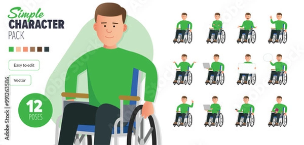 Obraz Simple flat 2d disabled male vector character in a wheelchair in a set of multiple poses. Easy to edit and isolated on a white background. Modern trendy style character mega pack with lot's of poses.	