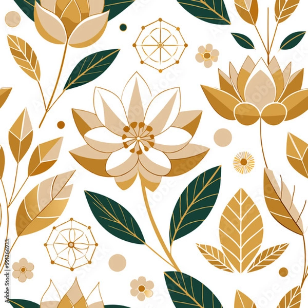 Fototapeta Design a seamless pattern with geometric floral illustrations in gold and white