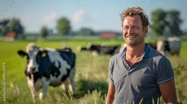 Obraz Young Dutch farmer smiling standing in the meadow with his cows